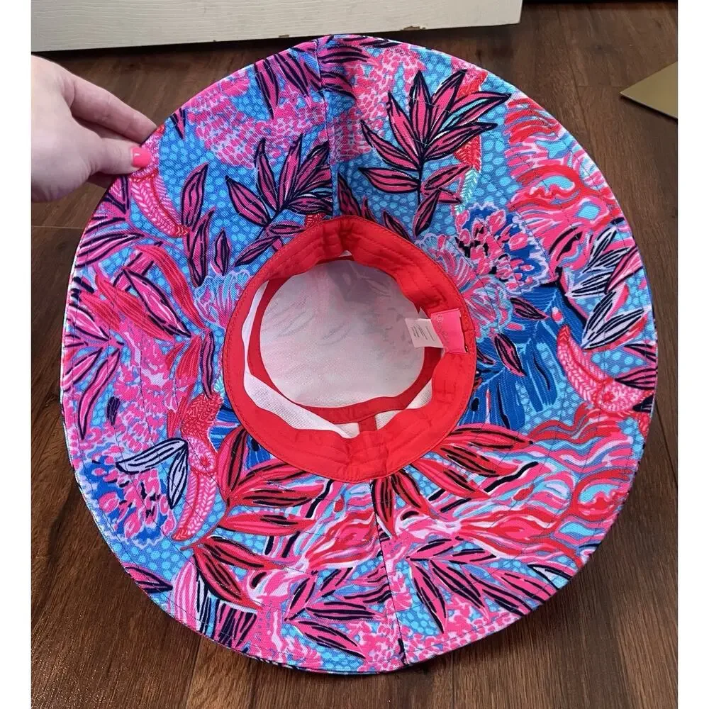 LILY PULITZER Ruby Red Wild Times Tropical Wide Brim Beach Vacation Sun Hat OS